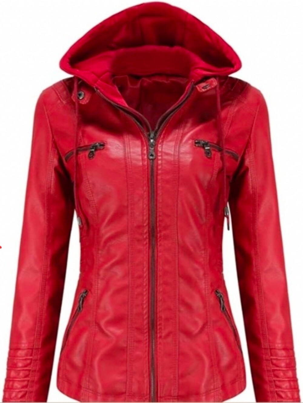 Women’s Red Faux Leather Hooded Zip Moto Jacket